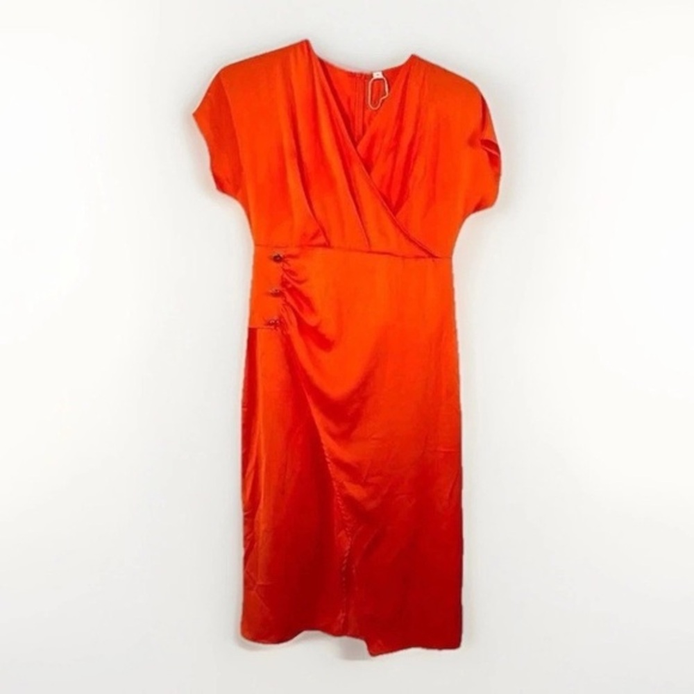 Orange Surplice Midi Dress with Side Button Detail